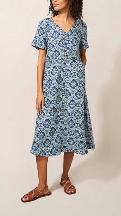Letnia Sukienka lniana 100% len szmizjerka kwiaty WHITE STUFF 42 XL