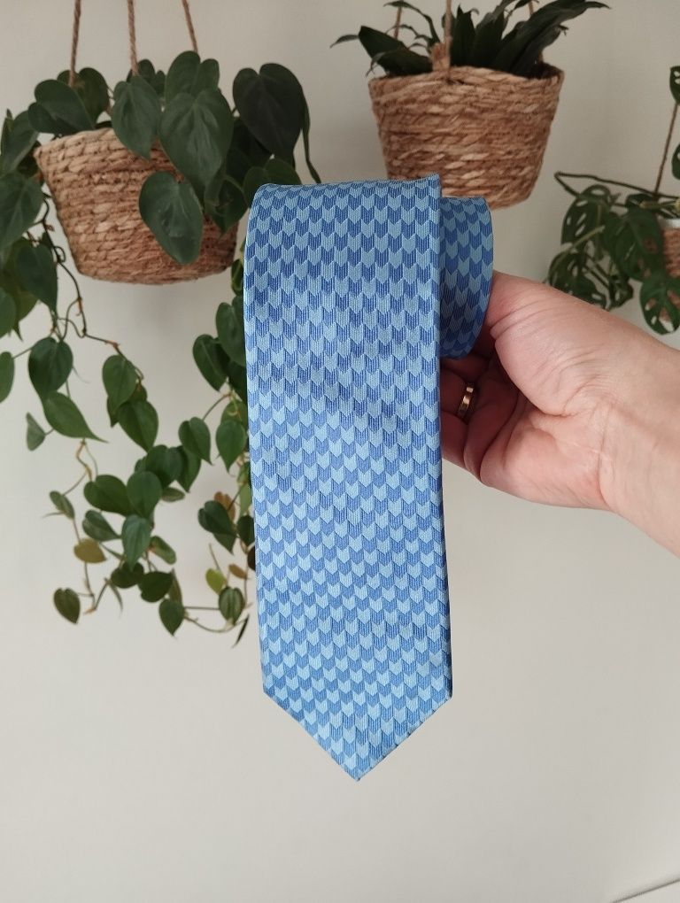 Męski jedwabny krawat 100% silk we wzorki, niebieski, 7,5 cm,