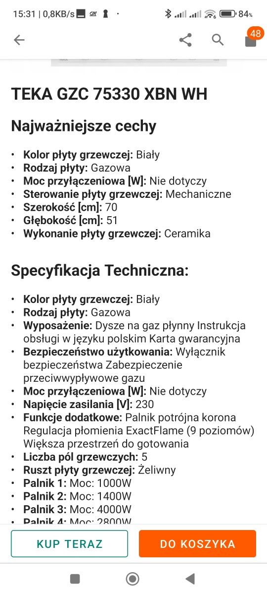 Płyta gazowa 5 palników do zabudowy