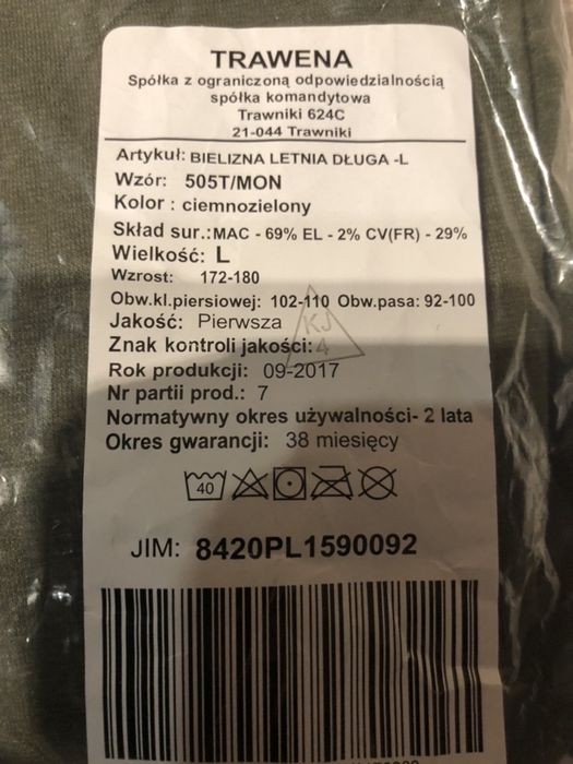 Bielizna wojskowa letnia długa wzór 505T/MON rozm. L