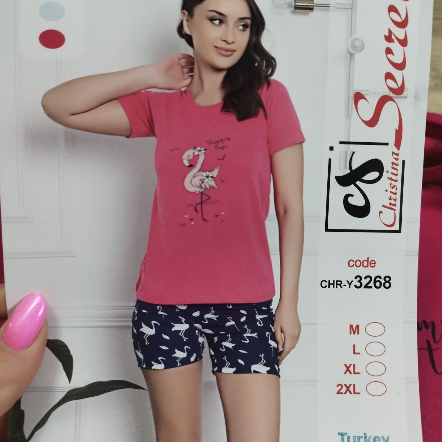 Piżama damska krótki rękaw spodenki różowa flamingi XL
