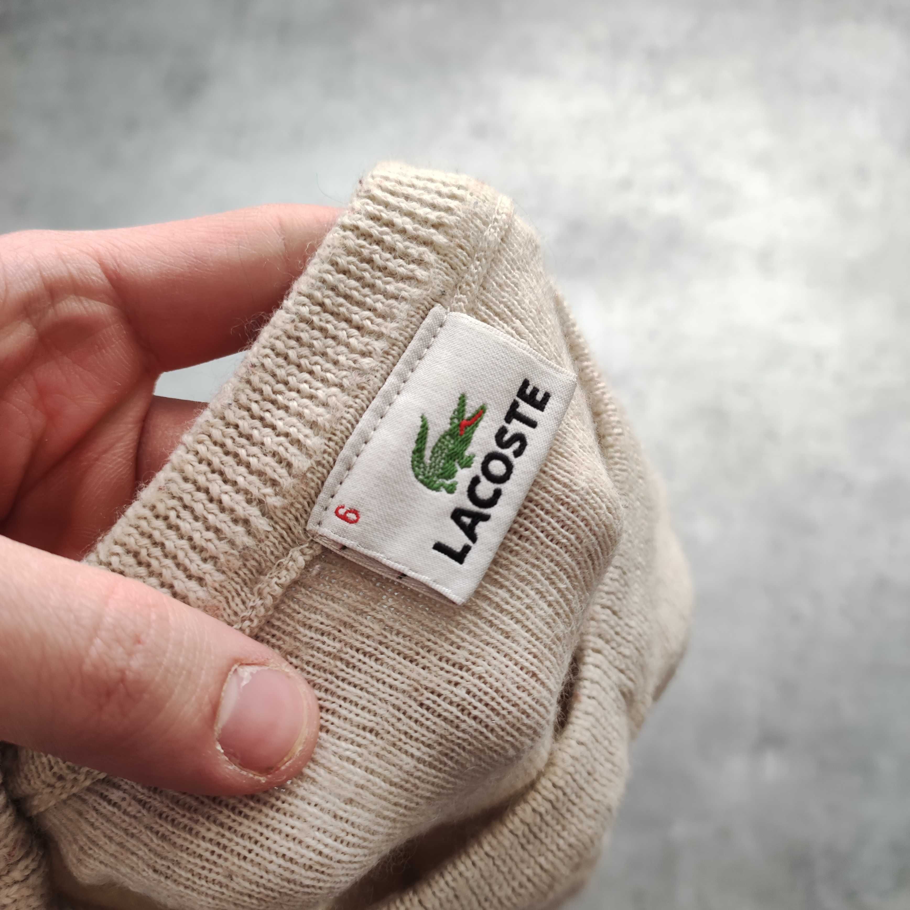 MĘSKI Elegancki Sweter PREMIUM Beżowy Wełna Haft Logo Lacoste Casual