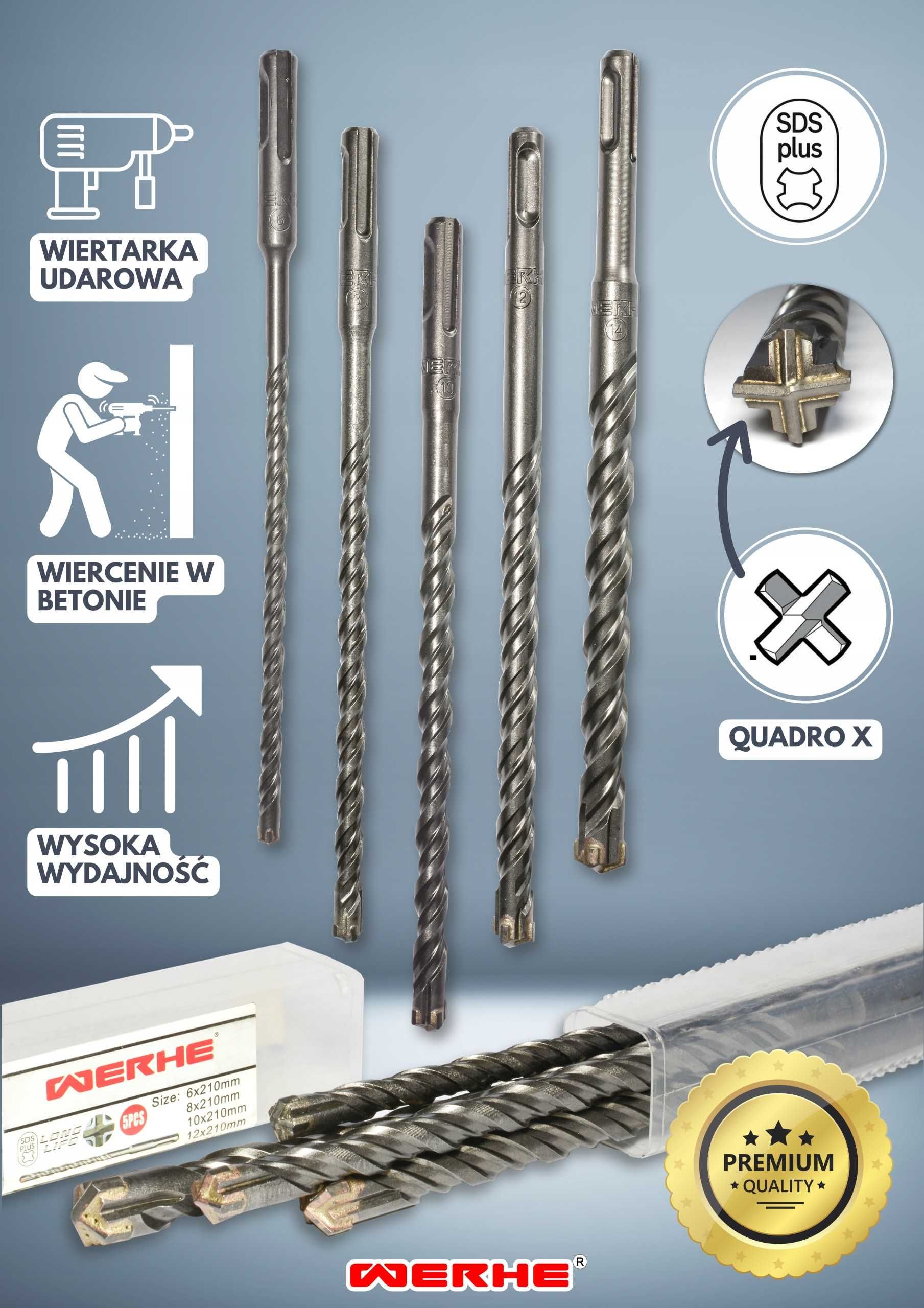 Wiertła do betonu SDS PLUS 6,8,10,12,14 x 210 mm WERHE