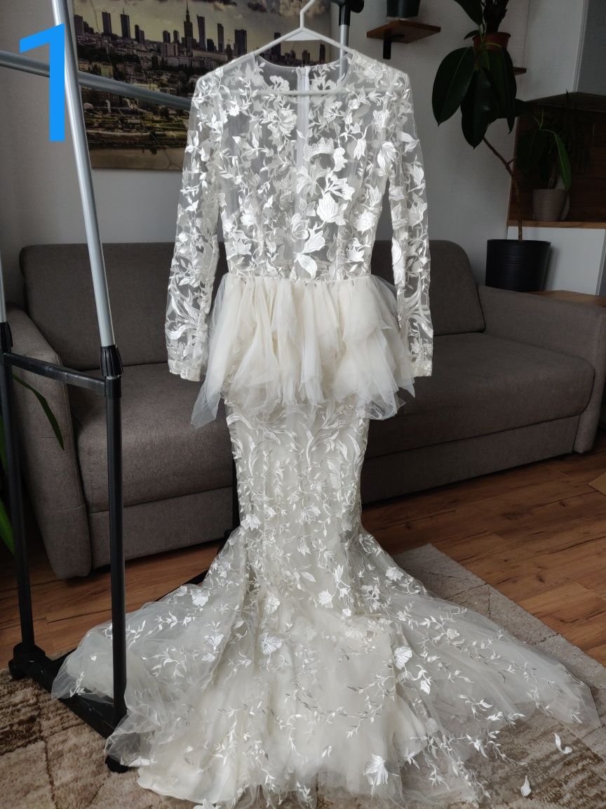 Sukienka ślubna S 36 długa rozkloszowana tiul obcisła tren księżniczka