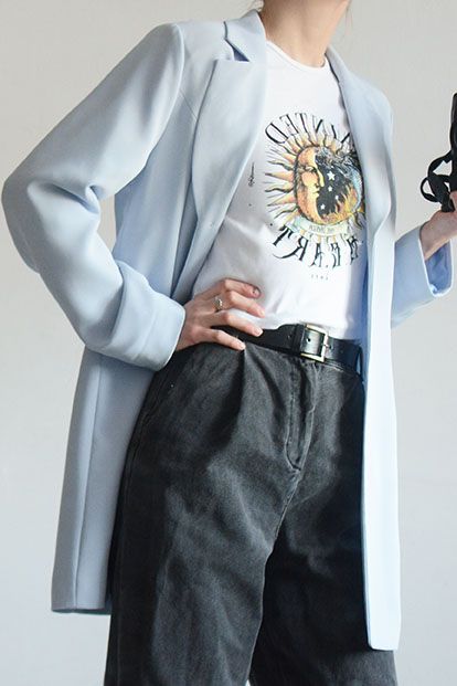 Błękitna długa marynarka vintage oversize retro