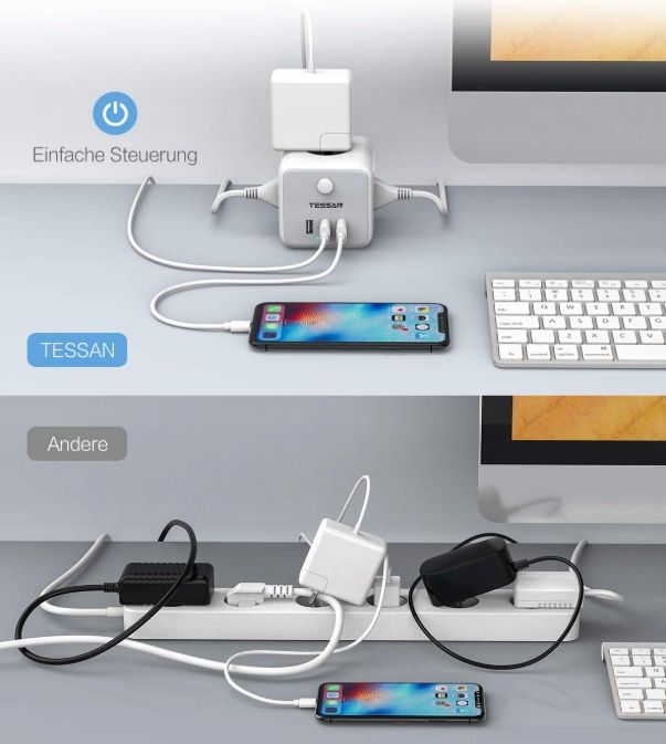 TESSAN Listwa Zasilająca Cube z 3 Gniazdami i 3 USB