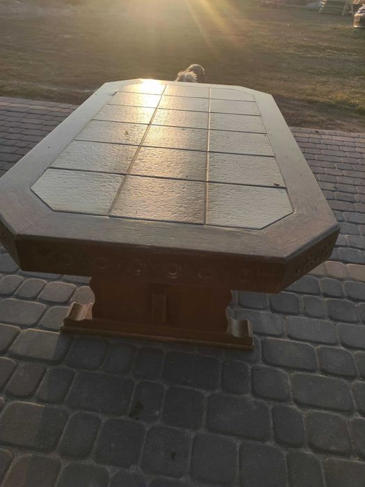 Ława, stolik kawowy, z drewna dębowego i blat z płytek