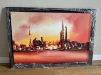 Ręcznie malowany obraz panoramy Szanghaju 100x70cm z ramą