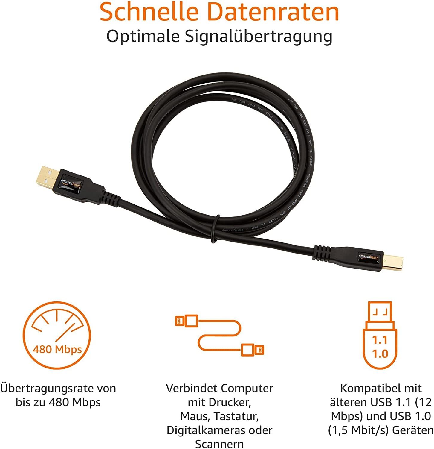 amazonbasics 7hua kabel usb długość kabla 1,8 m 2.0 usb a usb b