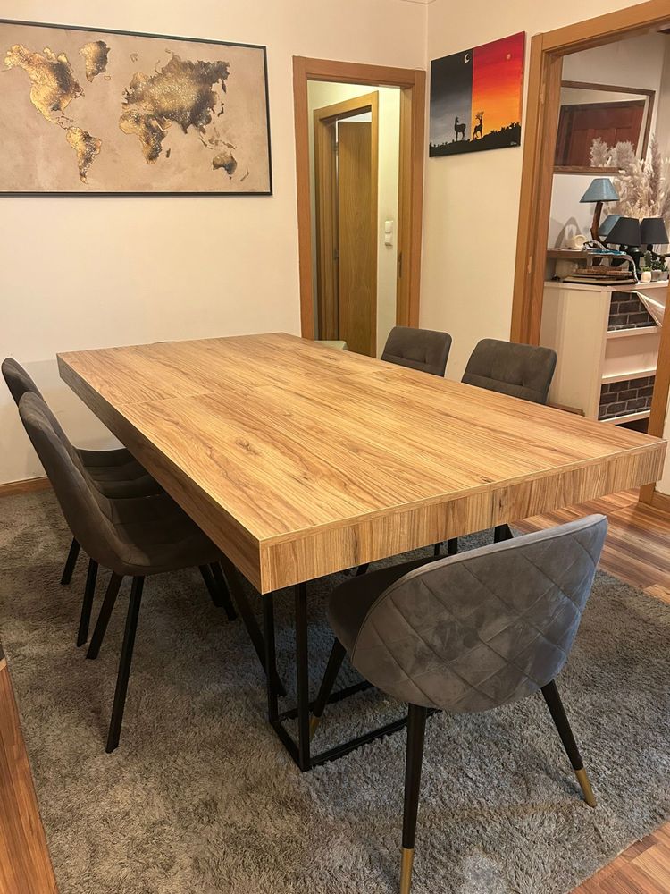 Mesa de jantar extensível com 6 cadeiras – estilo moderno industrial