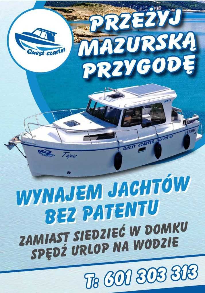 Czarter Jacht motorowy hauseboat wynajem łodzi Mazury b. patentu Quest