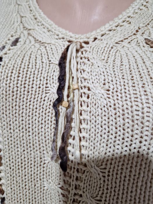 Bluzka z dzianiny bawełnianej z frędzlami beżowa