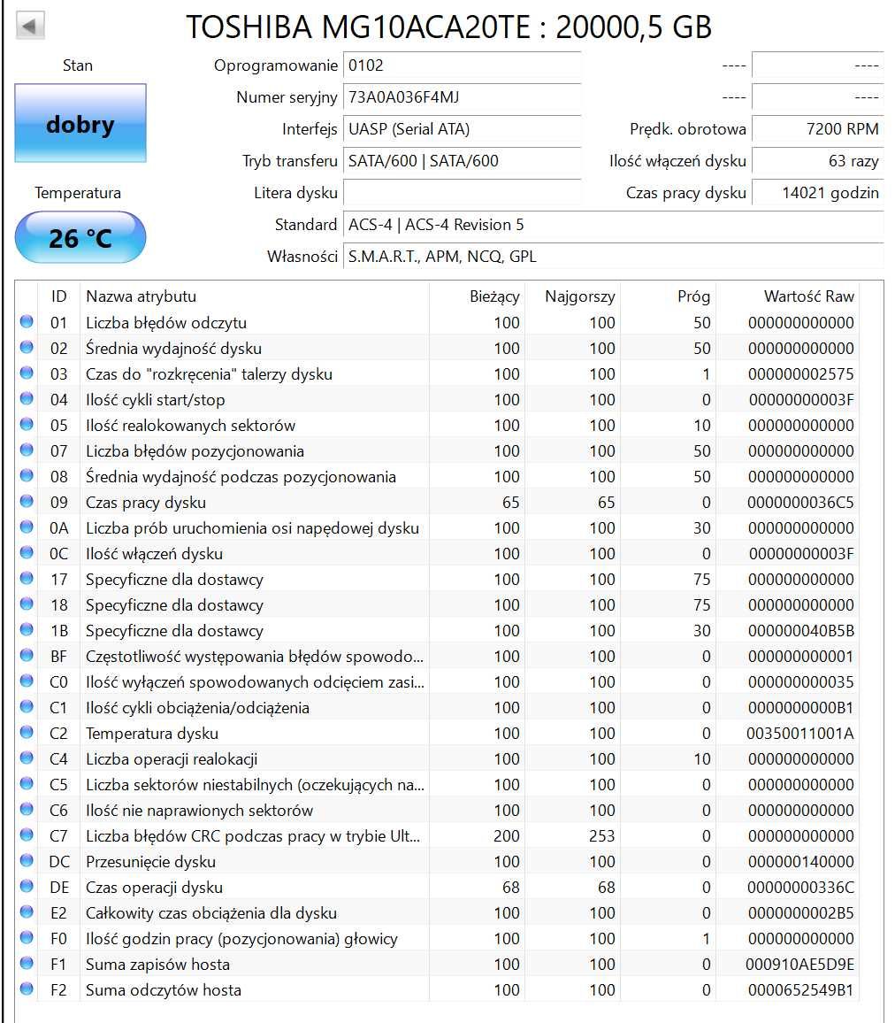 Dysk HDD Toshiba 20TB Sata