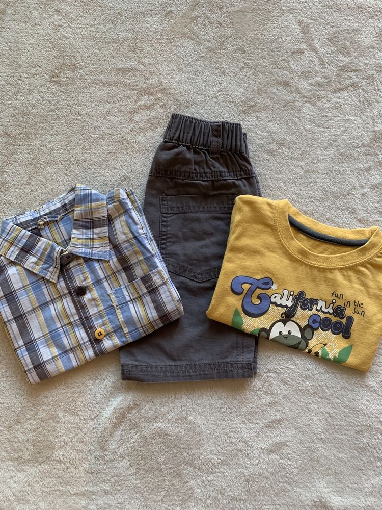 Conjunto 3 peças, calção+ t-shirt+camisa