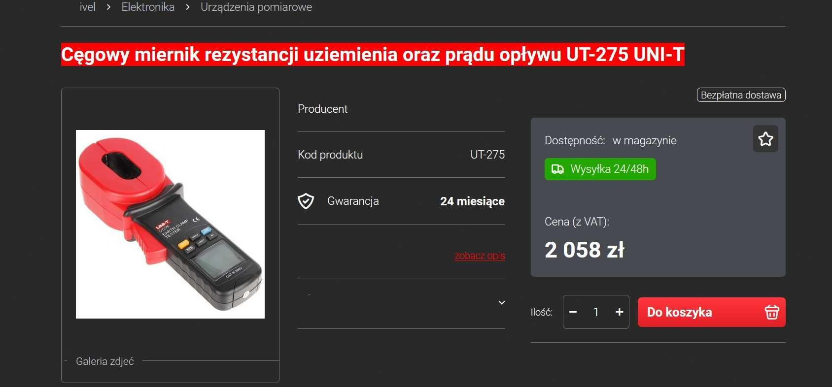 Miernik Cęgowy rezystancji uziemienia oraz prądu opływu UNI-T UT-275