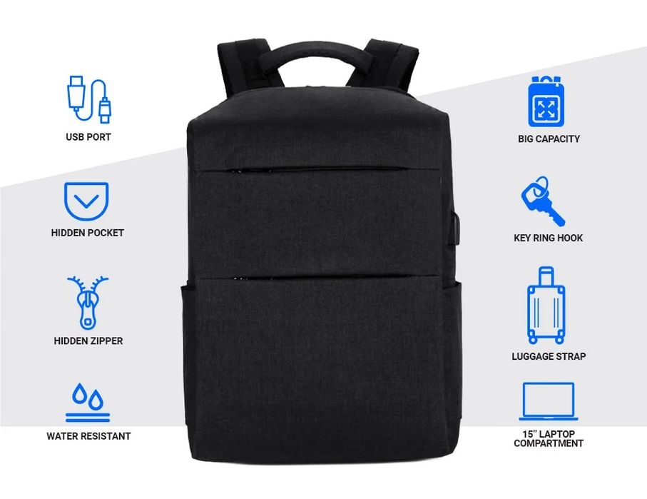 ModernistLook Black Smart Pro – Water Resistant Backpack with USB