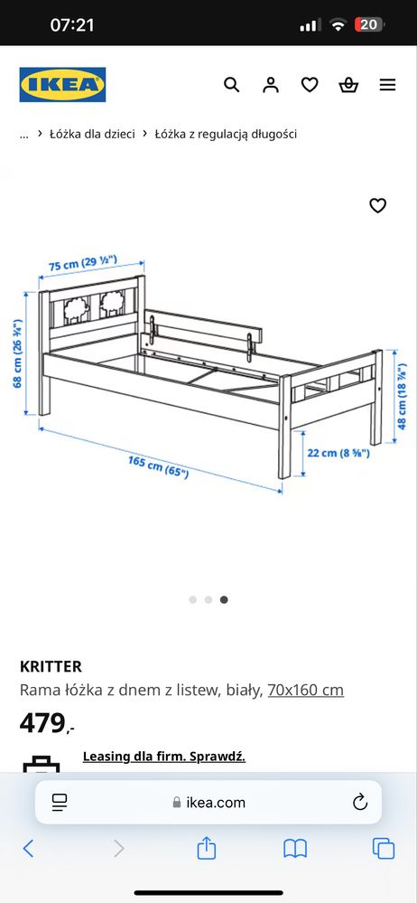 Łóżko Ikea Kritter z listwą ochronną i materacem.