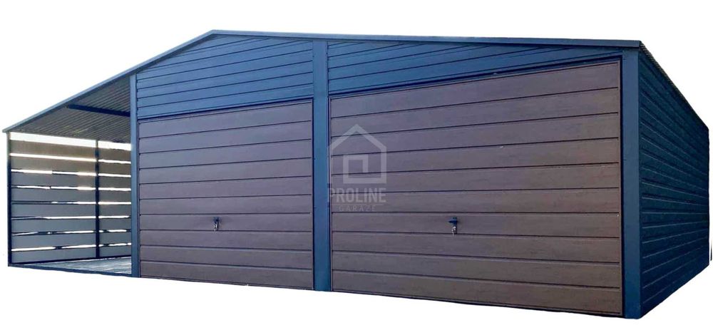 Garaż blaszany 6x6m wiata 3m 2xBrama drewnopodobny Dach dwuspad PLG181