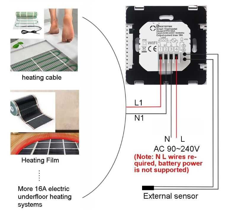 Inteligentny termostat Wifi KETOTEK KTF0155A, elektryczne ogrzewanie