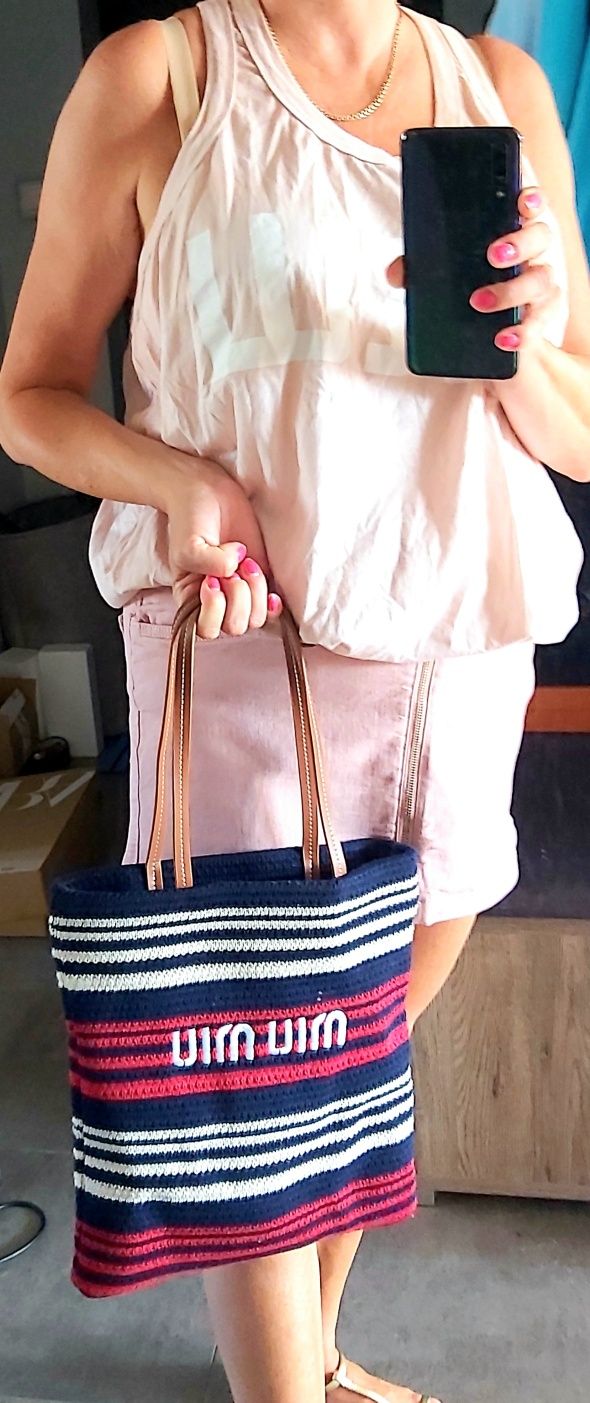 Miu miu siatka torebka na zakupy szydełkowa pasy na plażę marynarska