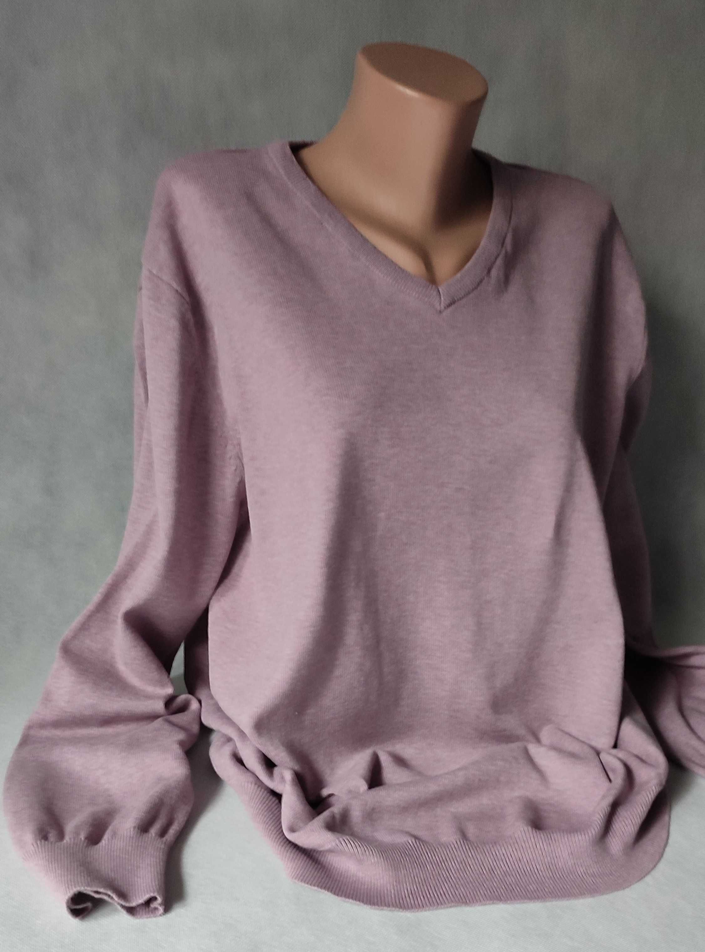 Bawełniany liliowy sweter dekolt V z długim rękawem XL 100% bawełna