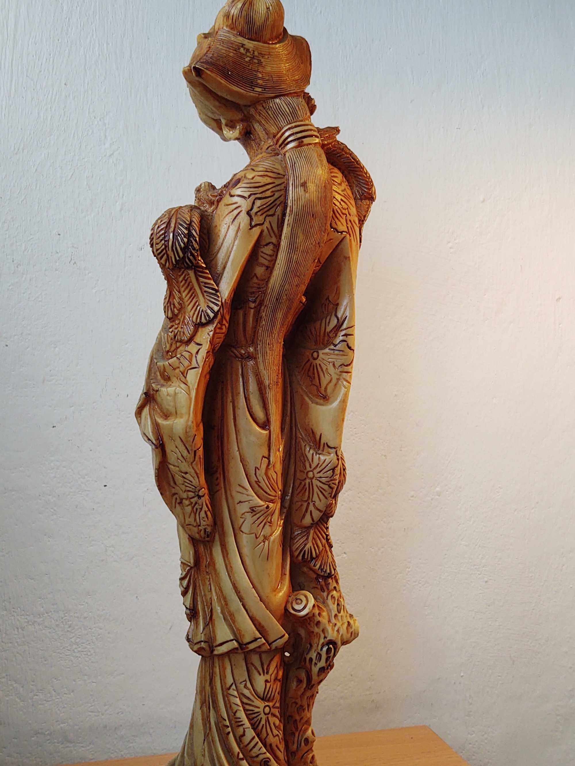 Stara Rzeźba Kobiety Chinka Ptaki Wachlarz Kimono Woda Statuetka Cudo!