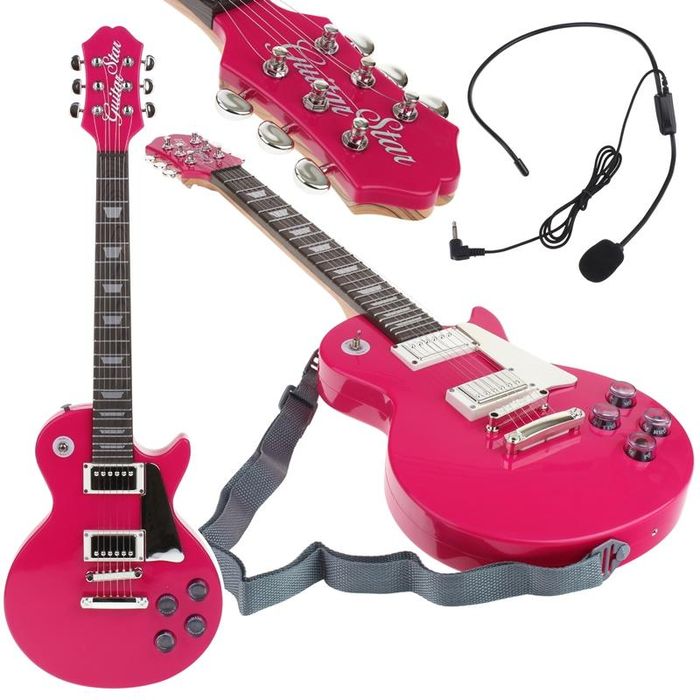 Gitara Elektryczna Rockowa z Mikrofonem Karaoke Melodie Podkłady Róż.