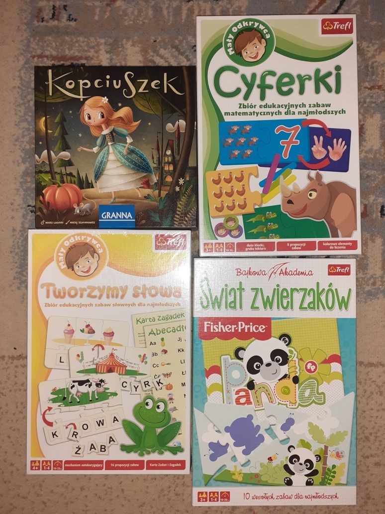 Zestaw 4 gry dla dzieci Kopciuszek, Cyferki, Tworzymy słowa, Zwierzaki