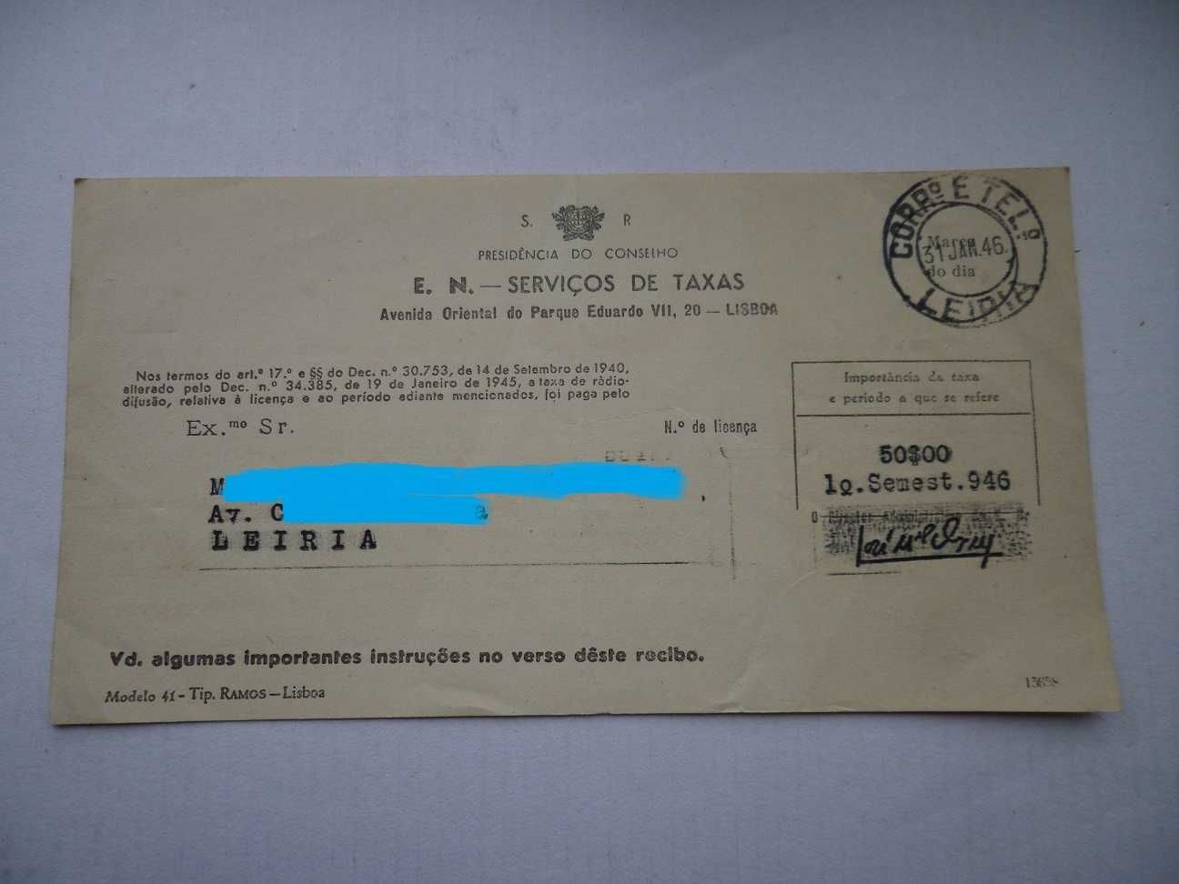 Documento :  Serviços de Taxas  1946