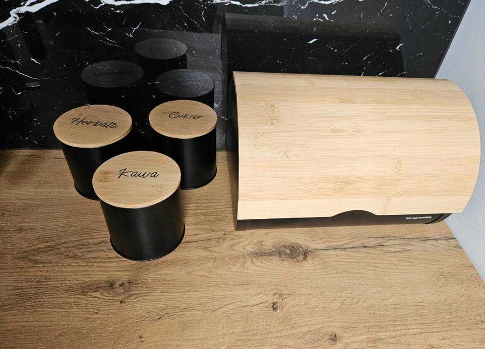 Nowy Chlebak + 3x Pojemniki Czarny Komplet Kuchenny Loft