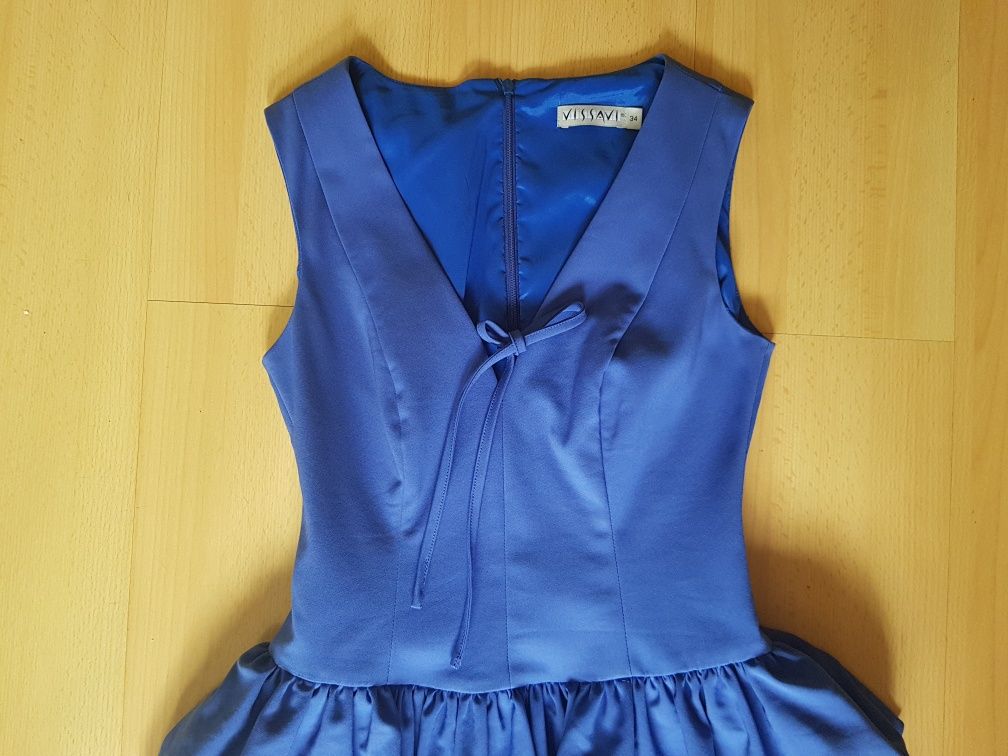 Niebieska sukienka Vissavi z falbankami, r. 34- na wesele, komers itp.