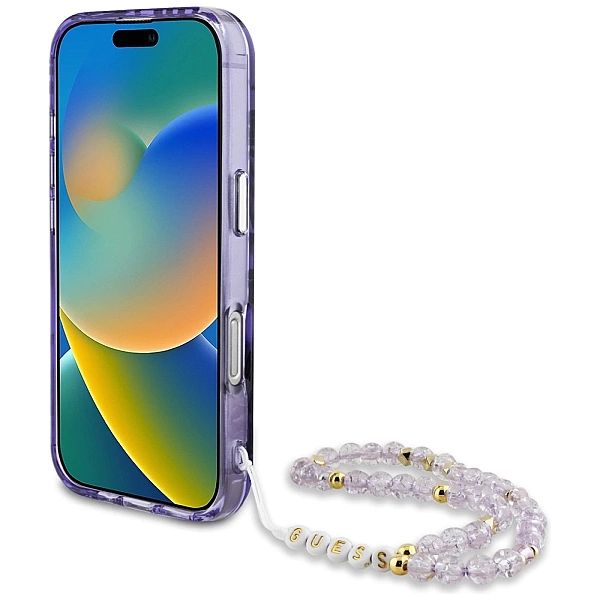 Etui Guess Palm Trees Triangle Pearl Strap MagSafe do iPhone 16 fiolet