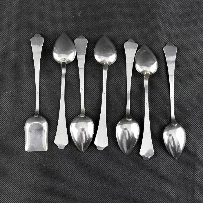 Conjunto de 6 colheres de chá+pá de açúcar, Arte nova prata portuguesa