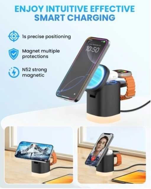 Magnetyczna ładowarka JoyGeek 3w1 IPhone  Megasafe wtyczka PL