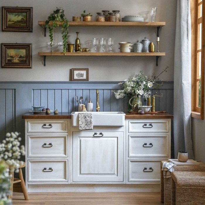 Postarzany drewniany aneks kuchenny w stylu retro - Producent mebli