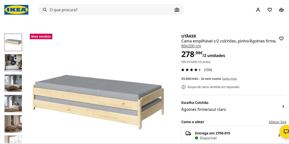 Cama empilhável c/2 colchões, pinho/Ågotnes