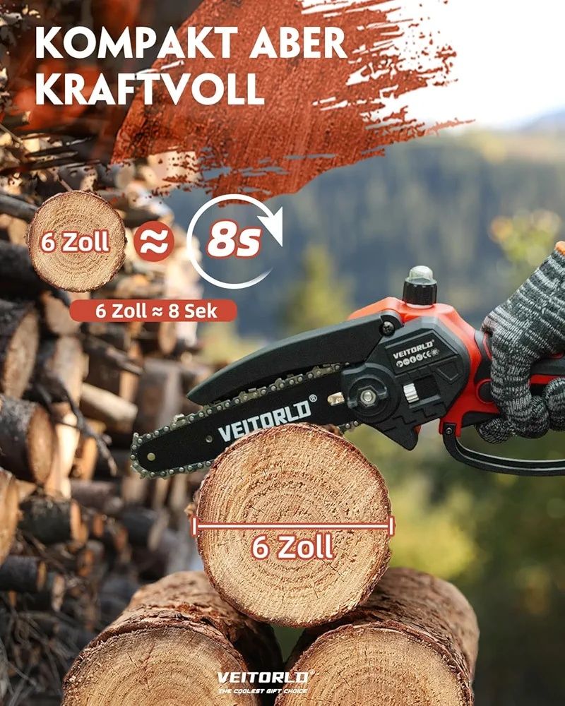 Mini piła łańcuchowa z 2 bateriami, 6-calowa