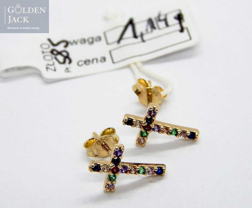 Złote kolczyki Krzyżyk z kolorowymi kamieniami złoto pr. 585 1,14 g