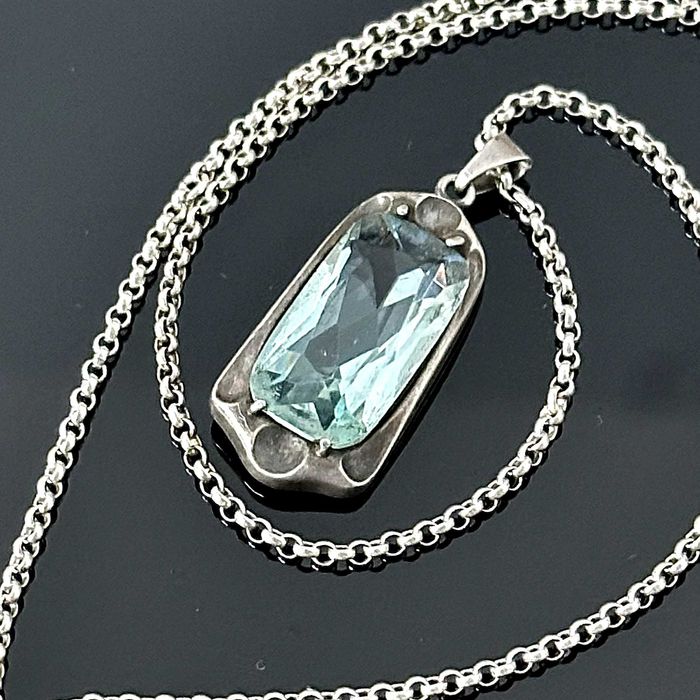 Srebrny naszyjnik z Akwamarynem z ok. 1900 oryginał secesja, próba 835