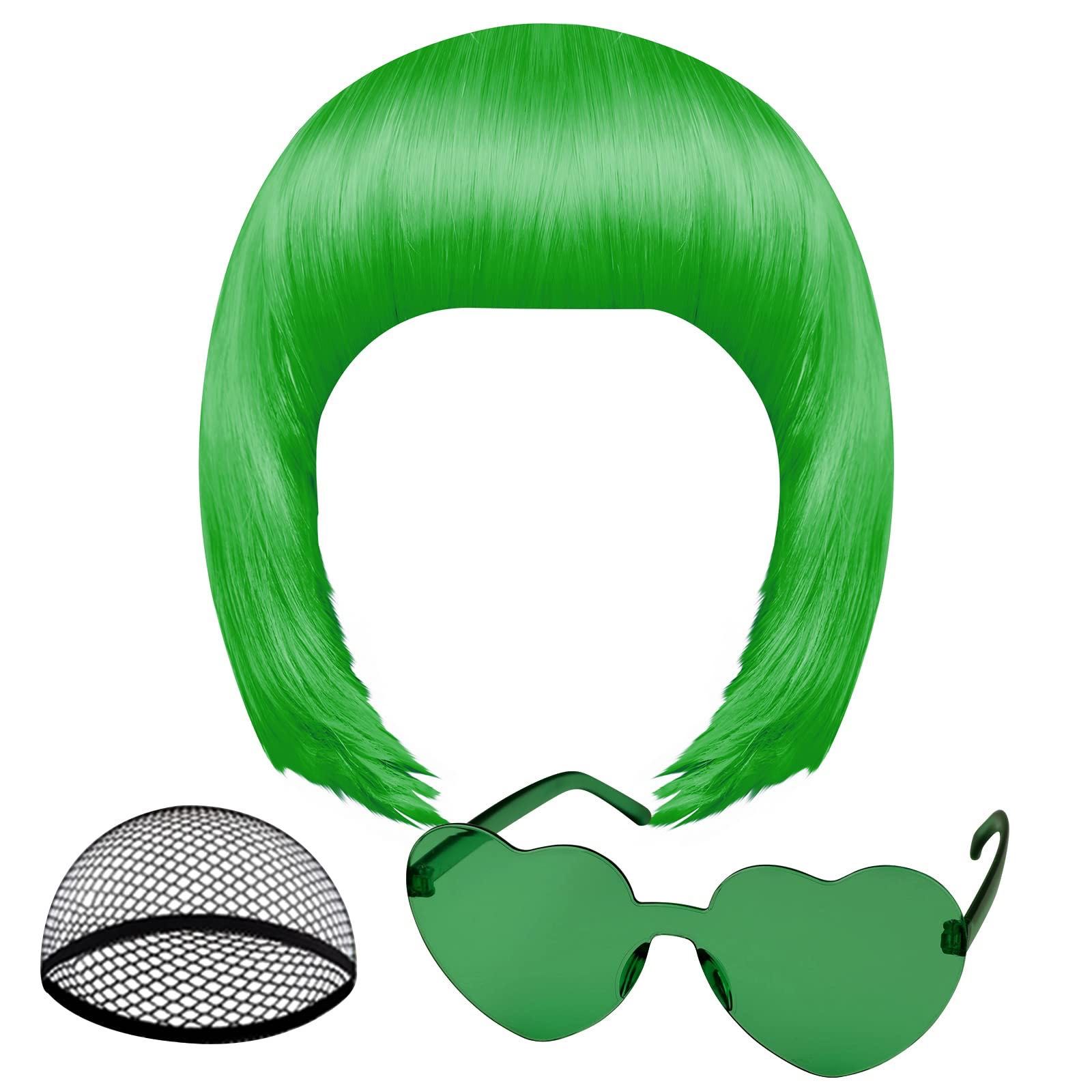 Zielona gęsta peruka bob + okulary serca hit okazja