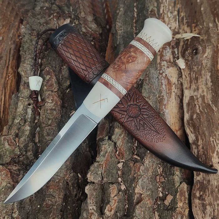 Нож финка "Пуукко", рог, N690, карельская береза