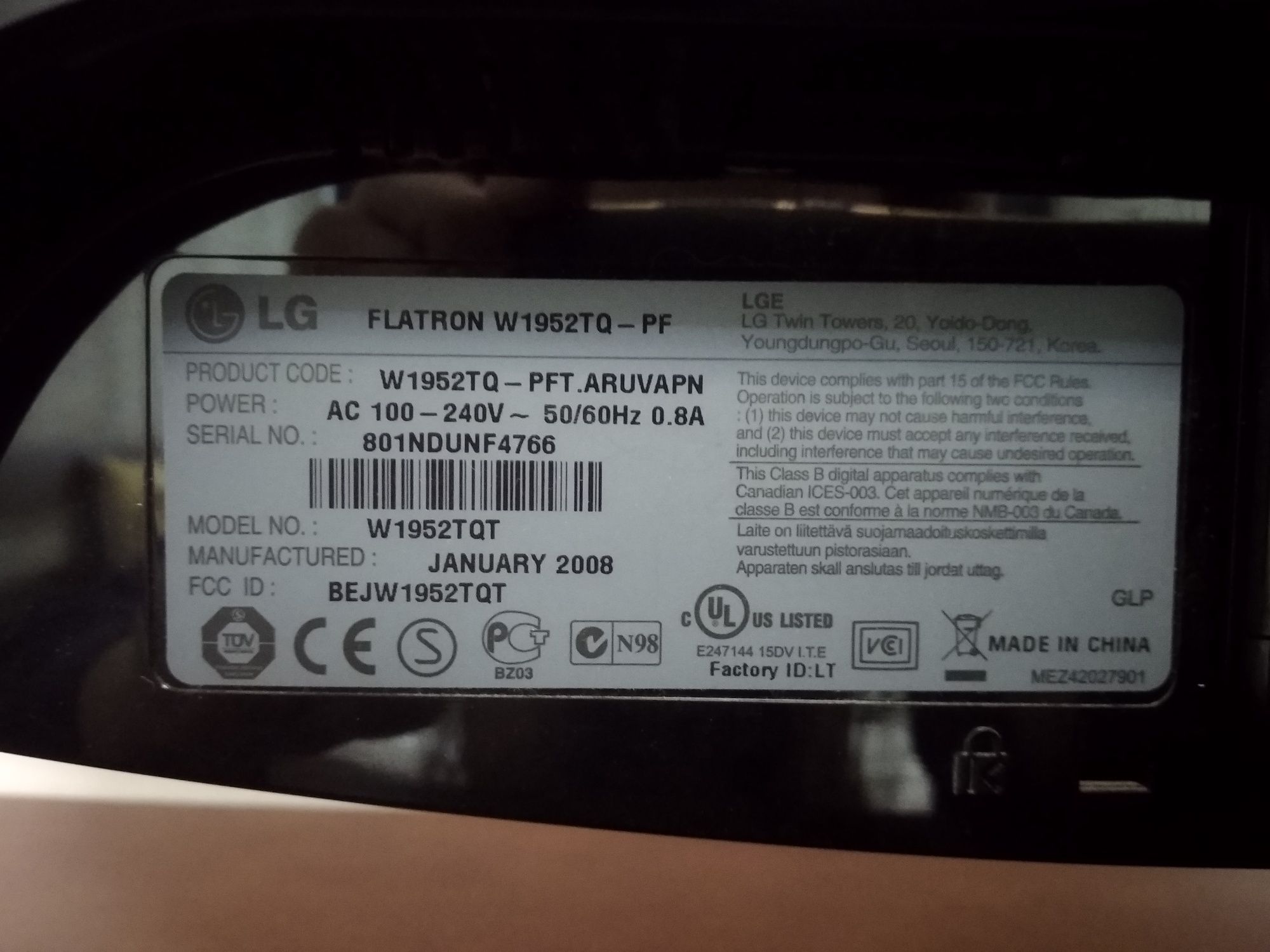 Продам робочий монітор Lg flatron w1952tq
