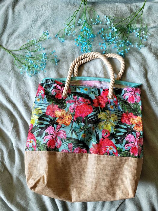 Torba plażowa kolorowa z nadrukiem w flamingi  print w kwiaty na lato