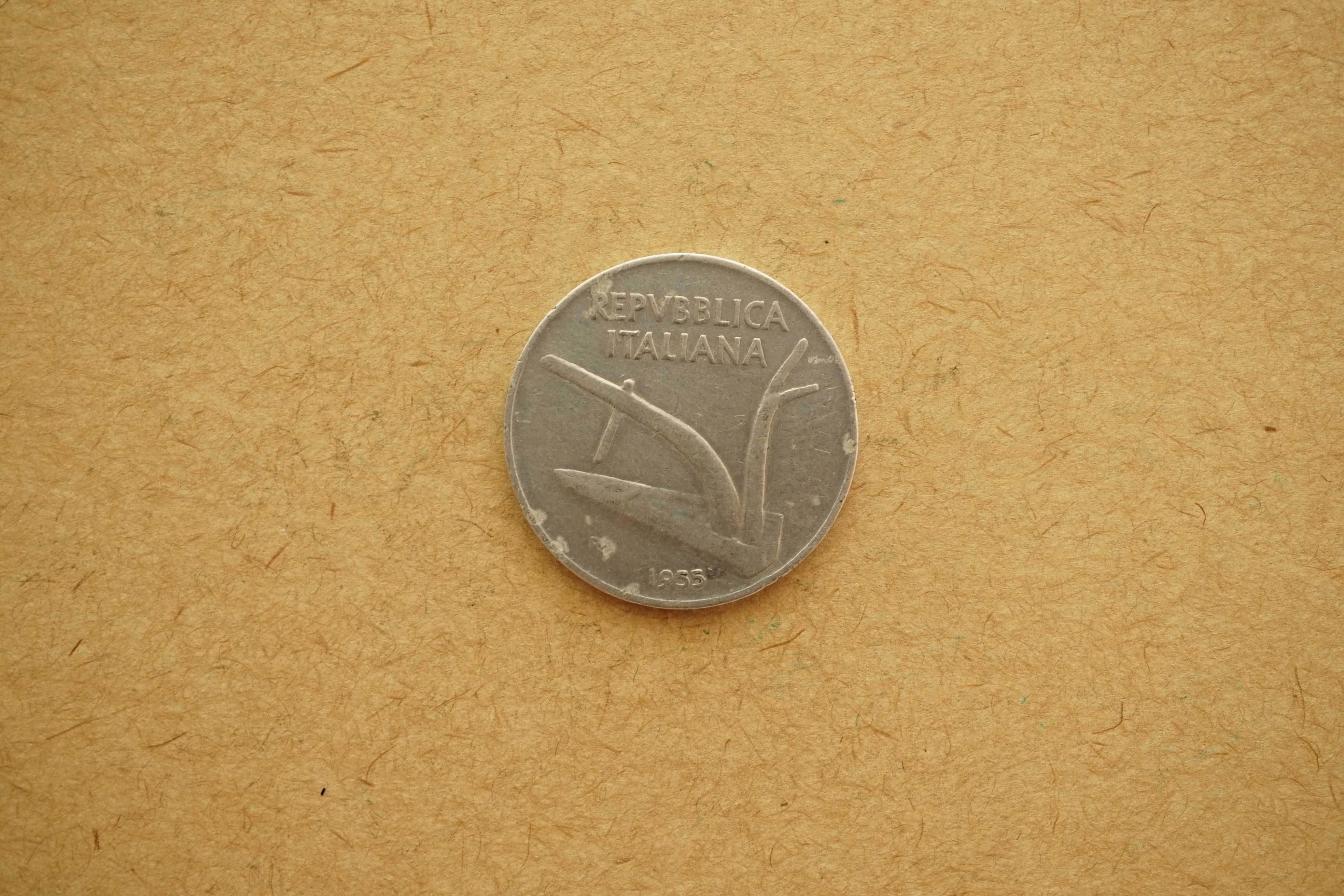 Moeda Real Itália 10 dez liras espigas de trigo, 1955