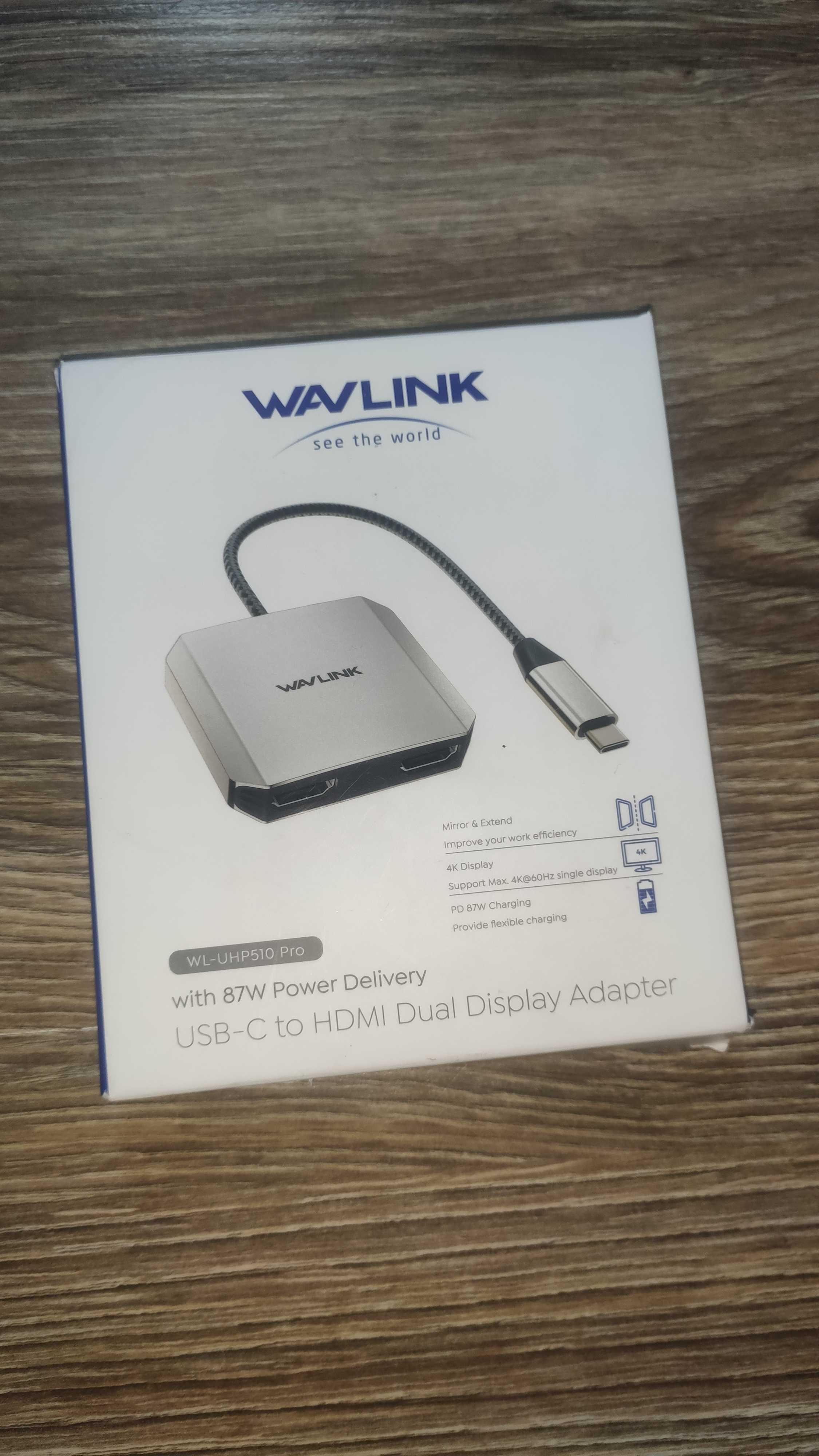 Адаптер WAVLINK USB C на два HDMI – концентратор USB C 3 в 1  4K-60 Гц