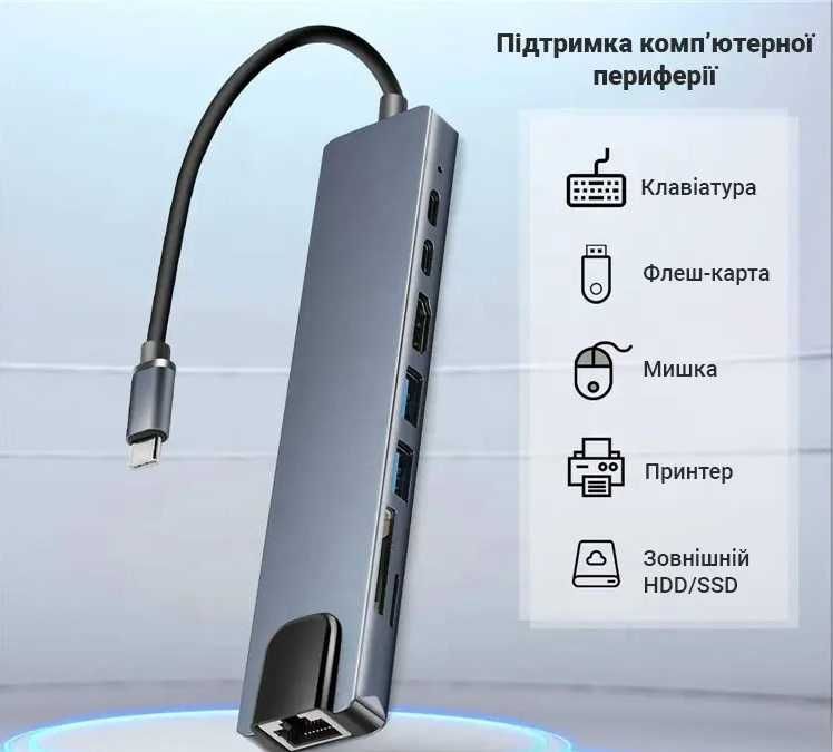 Док-станция 8-in-1 Type-C (HDMI/USBx2/RJ45/TypeC DATA/TypeC PD/SD/mSD)