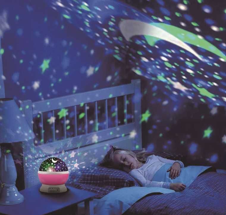 Projektor Gwiazd Księżyca Obrotowy Lampka Nocna Różowa Dla Dziecka