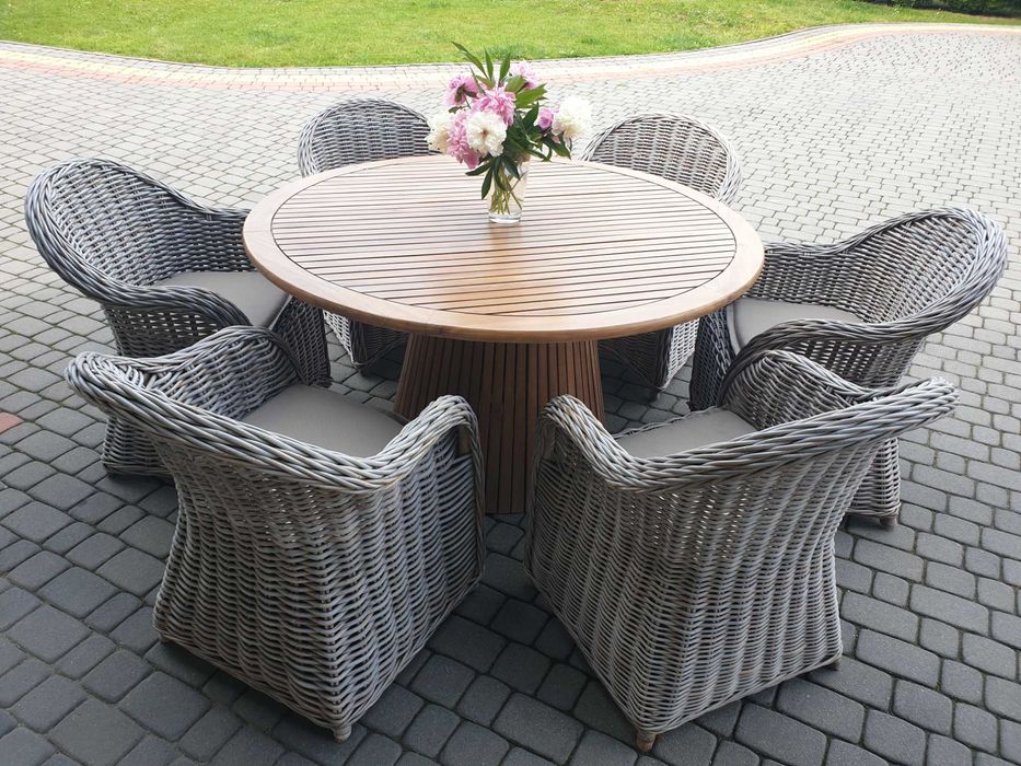 Meble ogrodowe 6 foteli z naturalnego rattanu + stół z drzewa tekowego