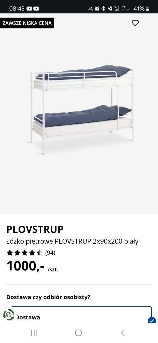 Łóżko piętrowe PLOVSTRUP 2x90x200 jysk