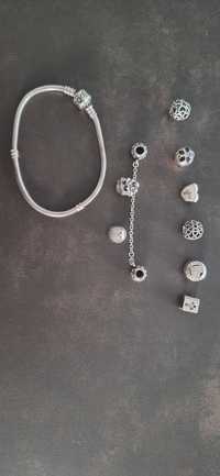 Bransoletka Pandora 19 cm + srebrne charmsy